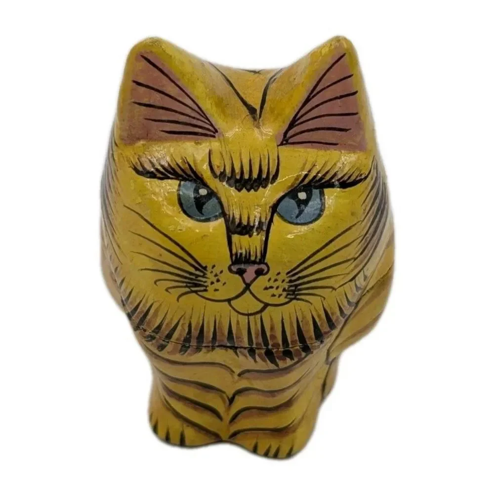 Vintage Kashmiri Papier Mache Cat Trinket Box Hand Painted Orange Tabby India